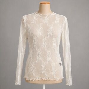 Floral Fairy Lace Sheer Mesh Long Sleeve Top Size M White Boho Festival Layering